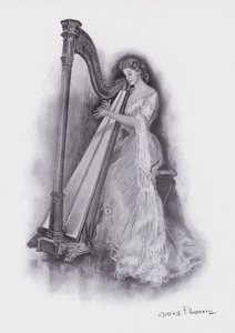 Vrouw die harp speelt (kleur litho)