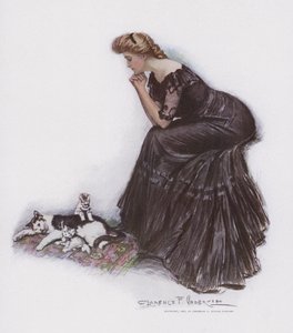 Vrouw kijkt naar een kat en haar kittens