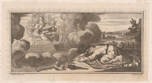 Allegorische of Bijbelse voorstelling met knielende figuur voor man op troon met vlammen door Claude Augustin Duflos