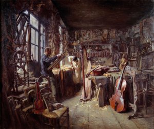Een restaurateur in zijn werkplaats vol instrumenten (1896) door Claude Firmin