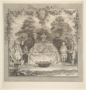 La Colation preparee dans un jardin door Claude Gillot, Jacques Gabriel Huquier