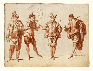 Vier figuren in theaterkostuum