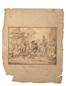 Les quatre âges de la vie: Zeven figuren in een tuin, één graaft met een spade door Claude Gillot