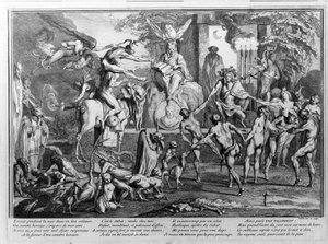 Sabbatceremonie, demonen, heksen en monsterlijke wezens dansen. Gravure door Gillet