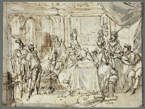 De acteurs maken zich klaar (recto); Studies van de Heilige Familie en Sint Jan de Doper (verso) door Claude Gillot