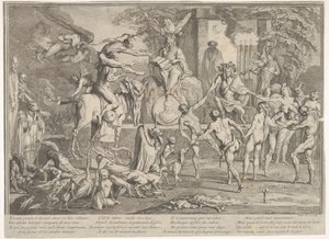 Heksensabbat, binnen een nachtelijk landschap, een necromancer zittend bovenaan, ca. 1700-1720 door Claude Gillot