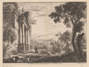 Landschap met figuren voor een antieke ruïne