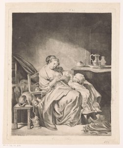 Interieur met een zittende vrouw die haar kind voedt