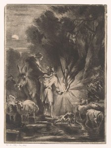 Nachtelijk landschap met herder en herderin bij een beek door Claude Henri Watelet