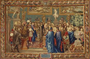 Een audiëntie verleend door Lodewijk XIV aan de Graaf van Fuentes... in het Louvre, 24 maart 1662, ca. 1730 door Claude I, Ballin