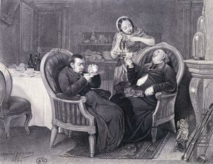 Na het eten: Twee priesters drinken koffie en digestief, geserveerd door hun dienstmeid