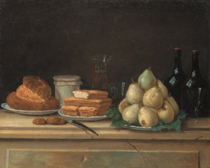 Peren en brood op borden, met flessen wijn en glazen op een stenen richel