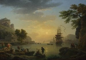 Een Landschap bij Zonsondergang met Vissers die Terugkeren met hun Vangst