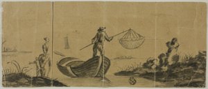 Chinoiserie met Man die Vist vanaf Boot, Vrouw en Kind Staand aan de Oever door Claude Joseph Vernet