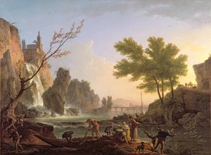 Visser in een landschap met een waterval en een brug