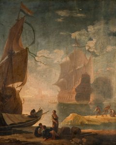 Havenscène met oorlogsschip en figuren op een kade, 1825 door Claude Joseph Vernet