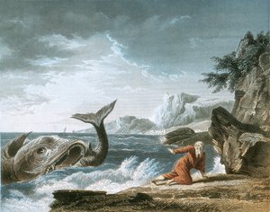 Jona uitgespuwd door de walvis op het droge land