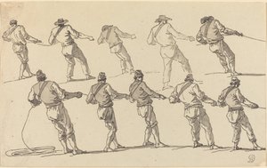 Tien mannen die aan touwen trekken door Claude Joseph Vernet