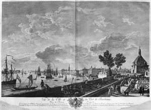 Uitzicht op de Stad en Haven van Bordeaux gezien vanaf Chateau Trompette, serie "Les Ports de France", gegraveerd door Charles Nicolas Cochin de Jongere door Claude Joseph Vernet