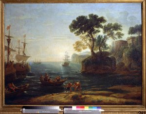 Aankomst van Aeneas in Italië, creatie van het Romeinse Rijk, schilderij van Claude Gellée genaamd Claude Le Lorrain (1600-1682), olie op doek, barokkunst, Museum voor Schone Kunsten Poesjkin, Moskou
