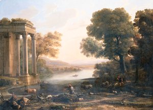 Een pastorale landschap met een verwoeste tempel, ca. 1638 door Claude Lorrain