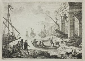 Havenscène met een vuurtoren