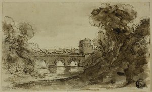 Italiaans rivierlandschap met brug en toren