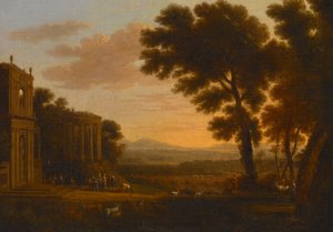 Landschap met de vader van Psyche die offert bij de Milesische tempel van Apollo door Claude Lorrain