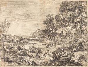 Herder en herderin in gesprek in een landschap door Claude Lorrain