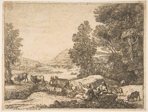 Herder en Herderin die Gesprekken Voeren in een Landschap, ca. 1651 door Claude Lorrain