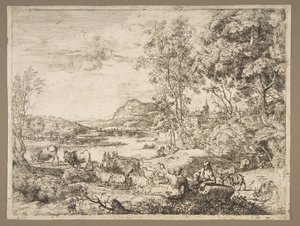 Herder en herderin in gesprek in een landschap, ca. 1651 door Claude Lorrain