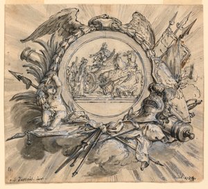 Cartouche met oorlogsattributen door Claude Louis Desrais