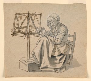 Tekening, Een oude vrouw spint, 1810-30 door Claude Louis Desrais