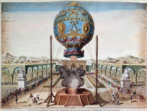 Ervaring van de Montgolfiere broers op 19 oktober 1783 in de tuin van Monsieur Reveillon, faubourg Saint Antoine in Parijs. Gravure door Desrais Claude Louis Desrais (1746-1816)