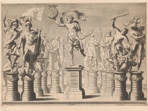Allegorie ter ere van het huis Savoye met legendarische figuren op sokkels door Claude Mellan