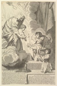 Anna van Oostenrijk met de jonge Lodewijk XIV en Monsieur voor de Maagd en het Kind Anne dAutr... door Claude Mellan