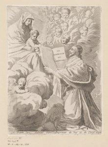 Armand-Jean du Plessis hertog van Richelieu presenteert een boek aan Maria met Kind. Titelpagina voor: Armand-Jean du Plessis hertog van Richelieu, Traité de la perfection du chrétien
