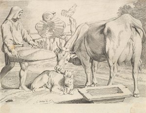 Plattelandsscène met een boer, koe en kalf door Claude Mellan