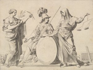 Minerva geflankeerd door Vrede en Gerechtigheid Armoiries de Gallard et de Mesmes door Claude Mellan