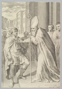 St. Ambrosius, aartsbisschop van Milaan, keert keizer Theodosius terug