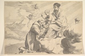 Sint Franciscus van Assisi die het Christuskind op de schoot van de Maagd aanbidt