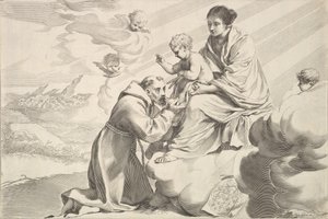 Sint Franciscus van Assisi die het Christuskind aanbidt op de schoot van de Maagd