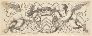 Twee cherubijnen met de wapens van kardinaal Richelieu, voor 1642 door Claude Mellan