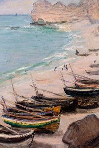 Boten op het strand van Etretat, detail door Claude Monet