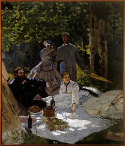Ontbijt op het gras (fragment). Linker deel. Rechterkant: voorstelling van links naar rechts van Gustave Courbet, Camille Doncieux en Frederic Bazille (staand in het midden). Schilderij door Claude Monet (1865-1866) Parijs, musee d
