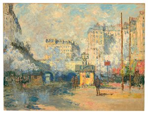 Exterieur van station Saint-Lazare, zonlicht effect, 1877 door Claude Monet