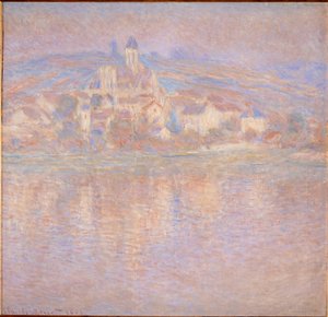Vetheuil, zonsondergang (schilderij op doek) door Claude Monet