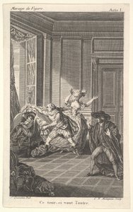 Een man opgerold in een stoel kijkt naar een andere man die hem van links nadert, ca. 1784