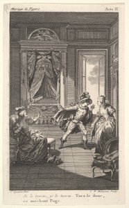 Een man leunt naar een vrouw die in een deuropening staat aan de rechterkant, links een zittende vrouw die haar hand opheft..., ca. 1784 door Claude Nicolas Malapeau