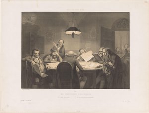 Lezende mannen rond een tafel door Claude Thielley